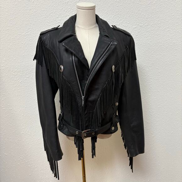 Open Road Fringe Leather Biker Jacket Black Women’s Size Small - Picture 1 of 15